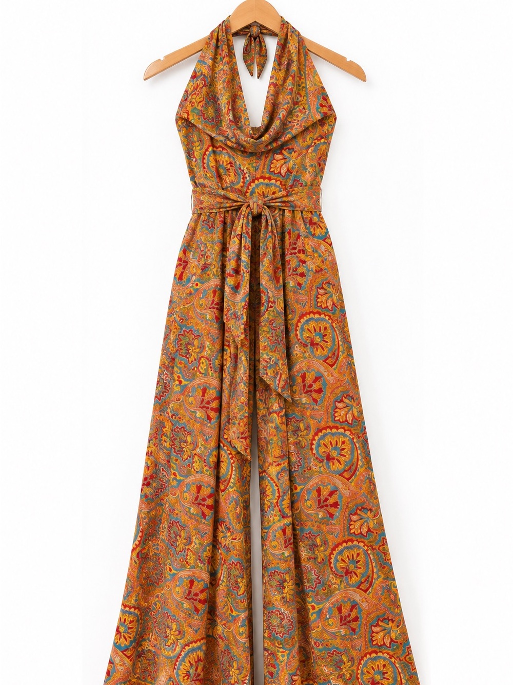 Paisley Halter Tie-Waist Boho Jumpsuit in Multicolor Orange - So Cute! π₯° - Picture 2 of 6